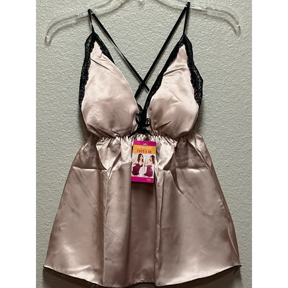 Thuy Lan N.W.T.Pink Satin Babydoll Y2KChemise Lingerie Black Trim Cross Back NWT